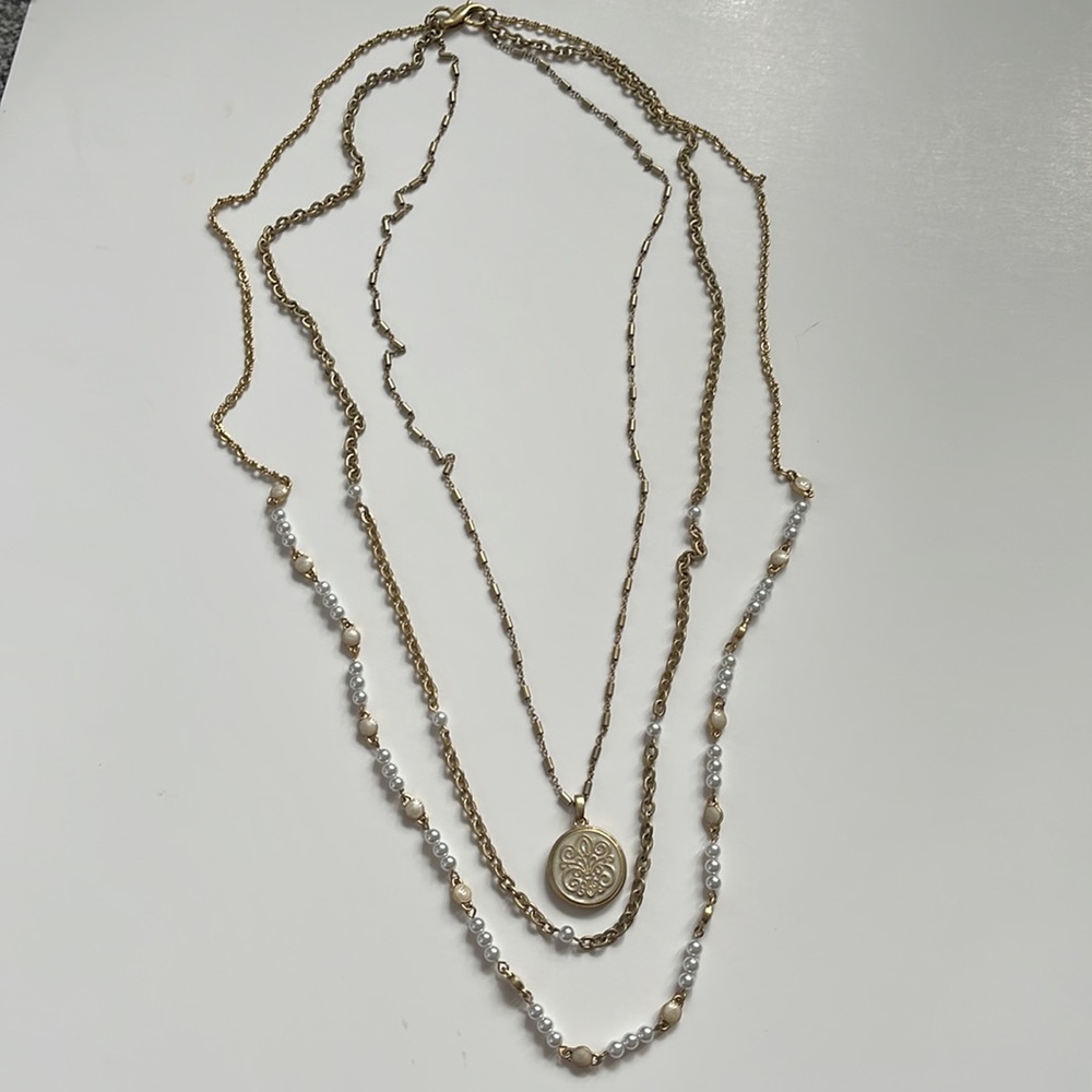Lia Sophia triple strand gold necklace allows for 30-38” length styling